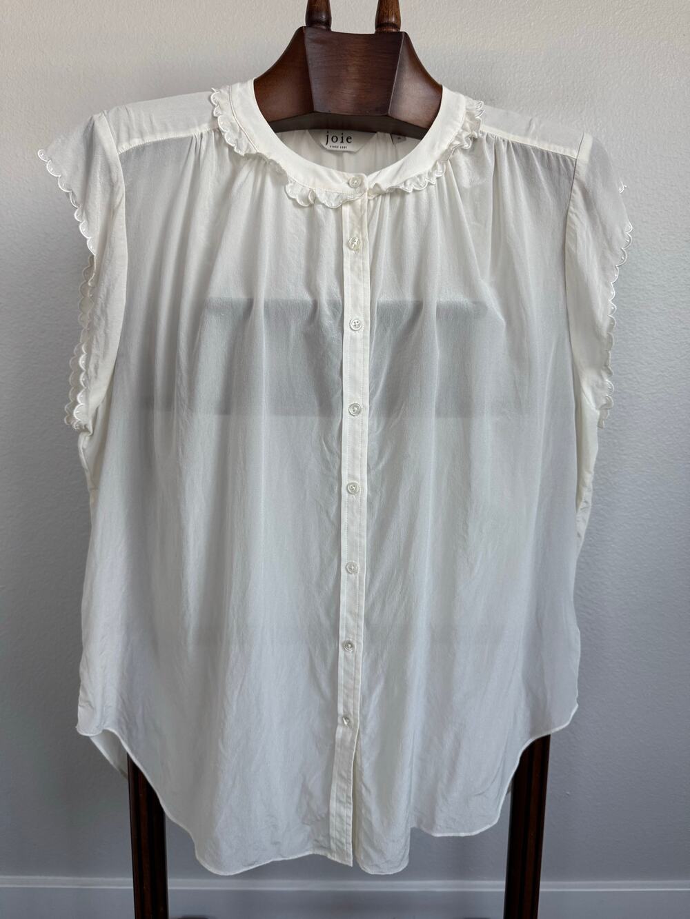 Joie 100 Silk Sleeveless Button Front Blouse XL Ivory Scalloped Peter Pan Collar